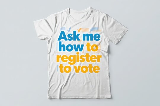 Illustrated t-shirt design with vivid blue and yellow typography for voter registration
