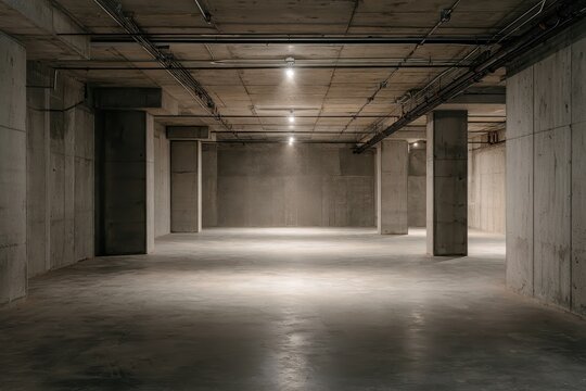 Industrial empty basement interior with exposed concrete and no partitions