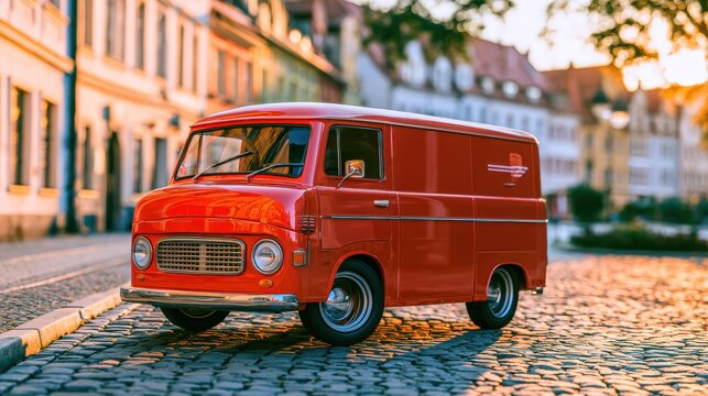 Red vintage delivery van parked on cobblestone street