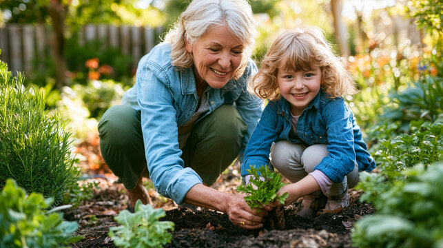 happy grandmother gardening together with her young granddaughter in a sunny backyard
