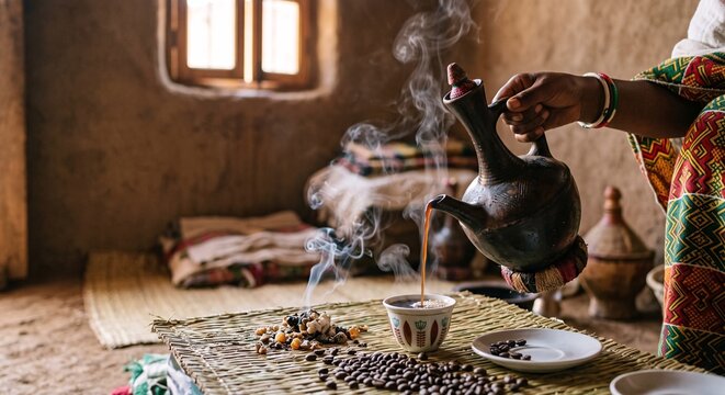 A woman pouring traditional Ethiopian coffee from a clay jebena into a small cup indoors