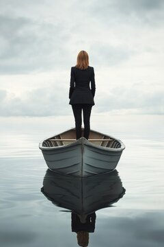 Businesswoman Standing Alone in Rowing Boat on Calm Water Looking into Cloudy Horizon