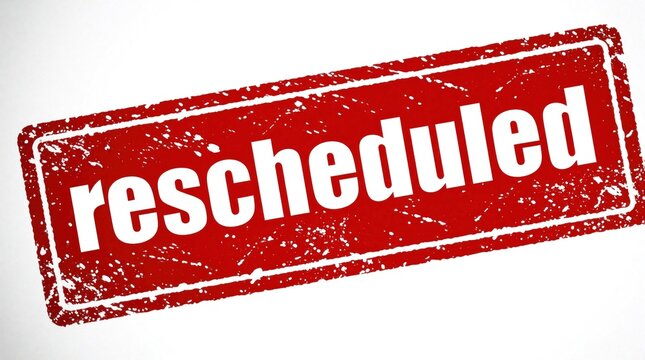 Red grunge rubber stamp says rescheduled on white background. Distressed texture design represents event postponement calendar change. Important business notice for date update. Isolated icon for