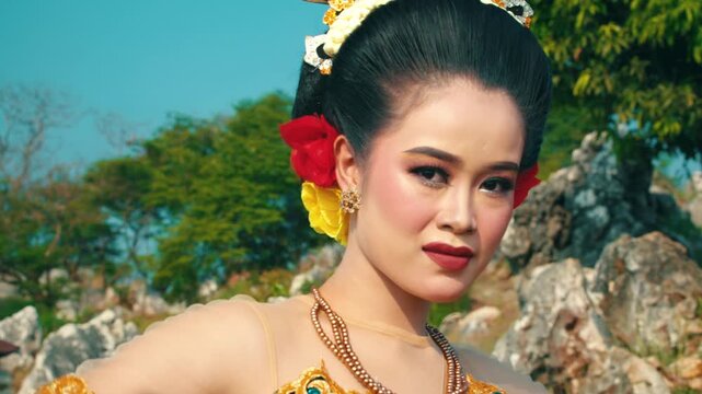 A beauty shot of a traditional dancer raising both arms behind her head, displaying the details of her costume, jewelry, and hair accessories against a blue sky.