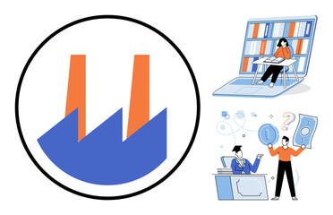 Obraz premium Industrial factory icon and people learning or managing money vector illustration. Education, finance, manufacturing, industry, economy, business growth. Production plant symbol and professional