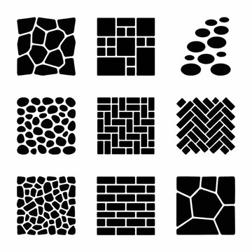 Top down vector illustration of a rustic stone path pavement with irregular grey cobblestones and sand joints, ideal for landscaping, garden design, and architectural backgrounds.