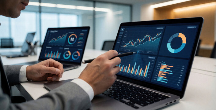 Mature caucasian financial analyst uses stylus to review cloud cost data on laptop screen. Pro man studies dashboard with charts, graphs in office. Expert tracks budget, expenses, economic trends