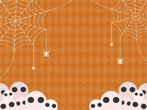 Cute Halloween background with spider webs, spiders, and skull heads on orange argyle diamond pattern.