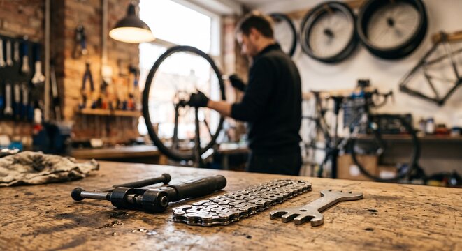 Professional bicycle repair tools resting on a worn workbench inside a busy workshop studio
