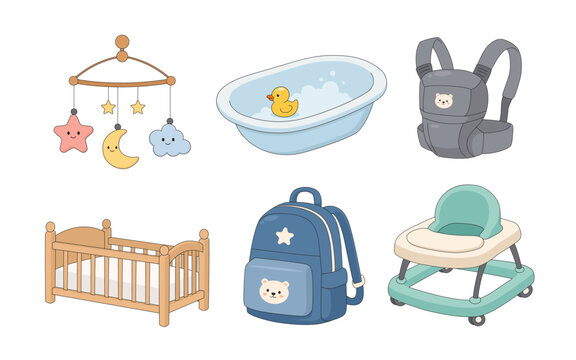 Baby Nursery Essentials Cute Cartoon Vector Set