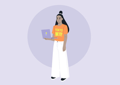 Character stands tall, showcasing a bright t-shirt tucked into stylish white pants, while engrossed in a laptop, the print says Tokyo written in English and Japanese