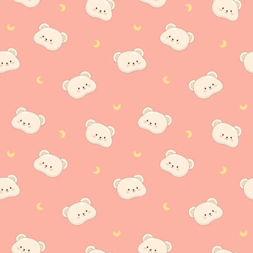 Cute Bear and Moon Seamless Pattern in Soft Pastel Style