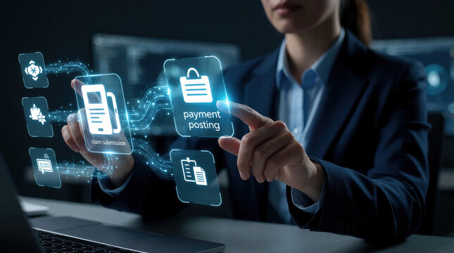 Business woman uses holographic interface for healthcare revenue cycle management. Pro interacts with digital RCM dashboard showing claim submission, payment posting. Modern medical billing tech