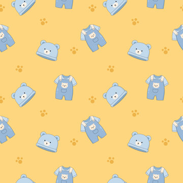 Baby Bear Clothing and Accessories Seamless Pattern in Soft Blue and Yellow