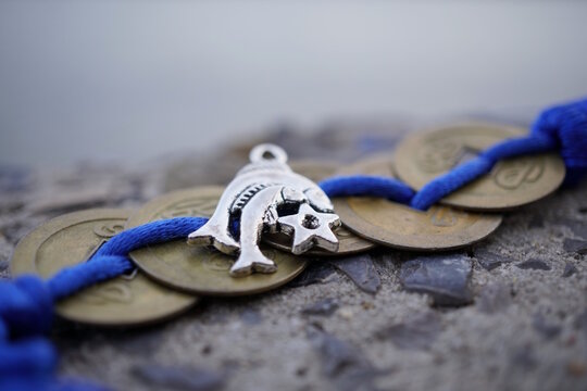 A figurine of fish and Chinese feng shui coins.