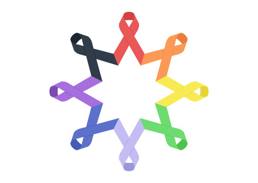 Eight diverse disability ribbons form a colorful arrangement, showcasing various colors representing different disabilities, This artwork emphasizes inclusivity and support.