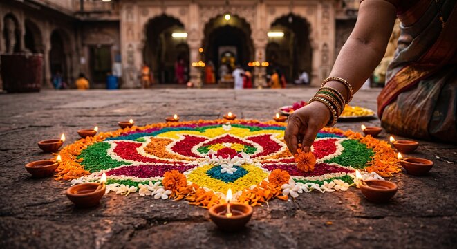 Woman creating a beautiful floral rangoli pattern with traditional oil lamps in an Indian temple