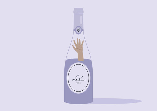 Danger of Alcoholic addiction, A sophisticated wine bottle with a hand inside, set against a minimalist background, The label indicates a vintage wine