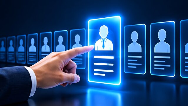 Hand choosing candidate profile card on digital virtual interface for talent recruitment and human resources management