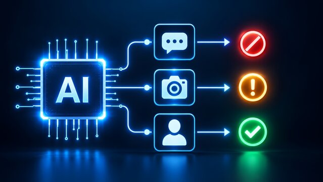 Artificial intelligence microchip processing user data content moderation with automated status verification indicators
