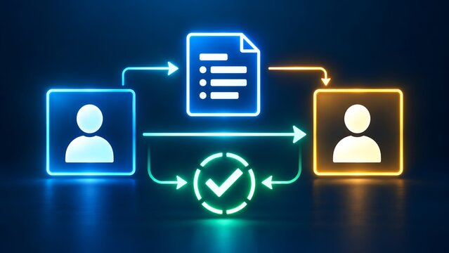 Digital document workflow approval diagram showing verified transfer between user profiles and status checkmark