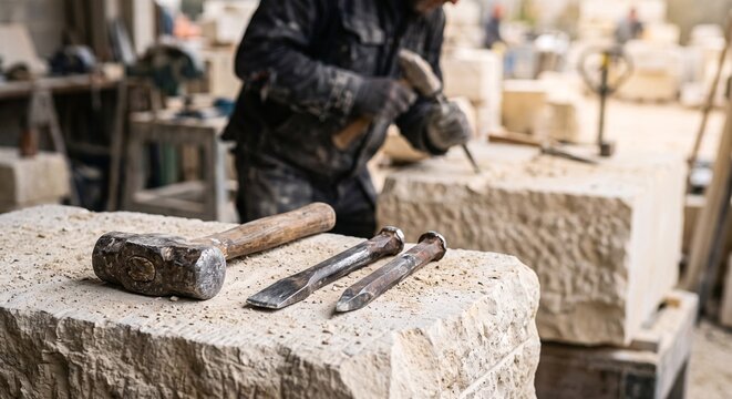Stone mason working in a workshop using vintage iron tools to carve a large limestone block