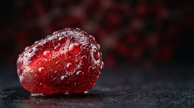 Extreme macro view of a glistening red pomegranate aril covered in water droplets, showcasing its juicy texture and vibrant color on a dark background.