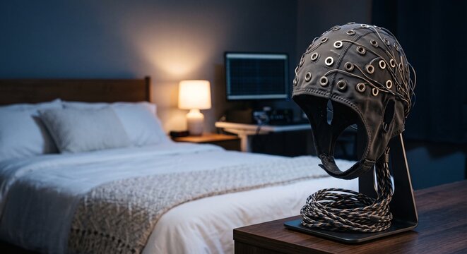 Electroencephalogram cap for brain wave monitoring on a stand in a sleep clinic bedroom