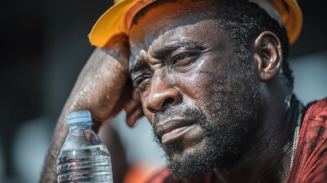 A tired African man wearing a yellow hard hat takes a break during a summer heatwave. He holds a water bottle, showing signs of exhaustion and sweat.