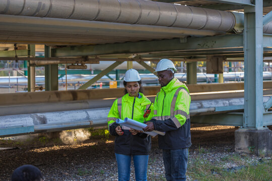 Engineer survey team checking construction project inspection work construction site .Team Civil engineer working outdoor next to the power plant.
