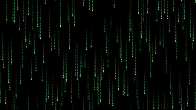 Premium seamless looping Horizontal motion graphics. Features the iconic 'Matrix' style digital rain with falling glowing green binary and hexadecimal codes.