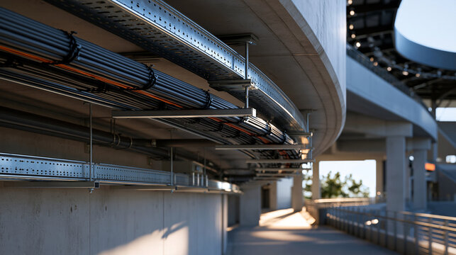 Interior of a modern stadium service concourse with raw concrete and steel, galvanized perforated cable trays fixed beneath a curved ceiling and along the wall, neat cable bundles,