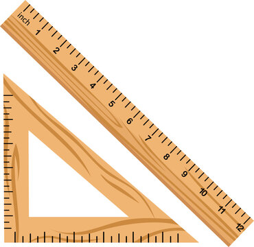 Wooden ruler and set square measuring tool with inch scale, geometric drafting design and natural grain detail for technical drawing and education use