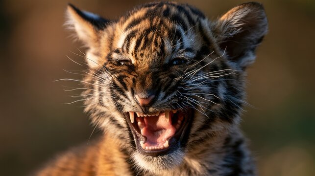 Close-up of fierce young tiger with mouth open showing sharp teeth and intense eyes in natural daylight environment