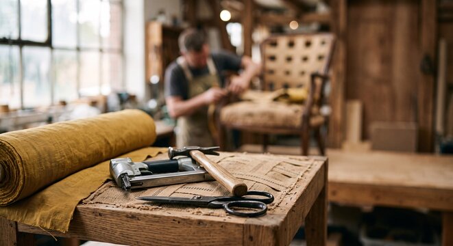 Professional upholstery tools arranged on a wooden table inside a traditional craft workshop