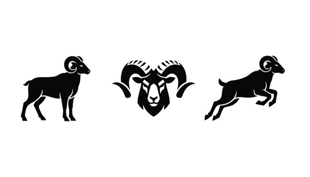 A set of black vector silhouettes of rams featuring a standing ram, a front-facing ram head with large curved horns, and a jumping ram.
