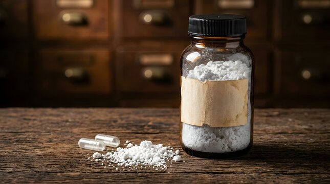 Medicine bottle with white pharmaceutical powder and empty capsules for traditional apothecary history and herbal drug formulation