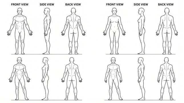 Anatomical human body reference charts showing male and female figures from front side and back views.