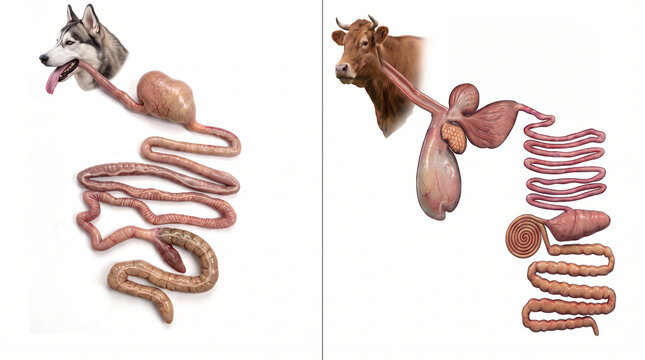 Comparative Anatomy of Dog and Cow Digestive Systems