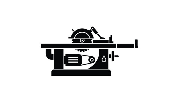 Detailed black silhouette icon of a woodworking table saw with electric motor and safety blade guard on a plain white background.