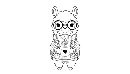 Obraz premium Charming black and white line art illustration of a cute fluffy llama wearing glasses and a cozy knitted sweater holding a steaming cup of coffee.