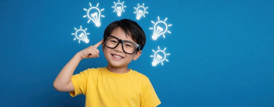 Smart Asian boy wearing glasses smiles, points to head. Glowing light bulb icons float above head on blue background. Creative kid new idea, thinking about science, STEM, innovation learning during