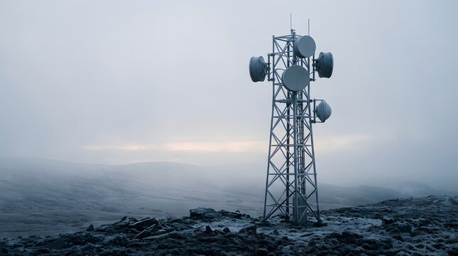 Telecommunication microwave tower standing on frosty mountain summit for broadband wireless connectivity and mobile network infrastructure deployment