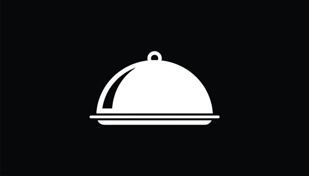 A white food cloche serving tray icon standing out against a solid black background, representing dining and restaurant service.