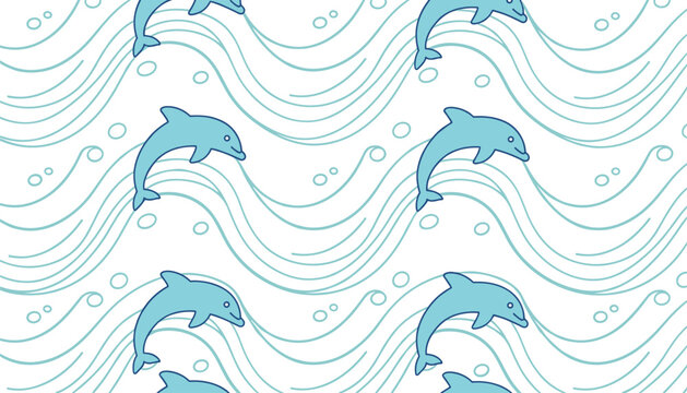 A seamless blue ocean pattern featuring playful dolphins leaping over gentle sea waves and bubbles against a white background.