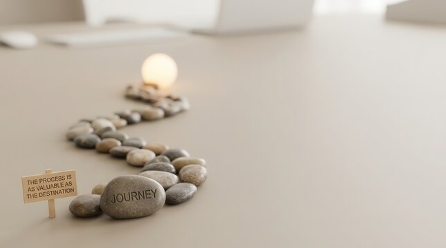 A stone path with the word journey leads to a light bulb