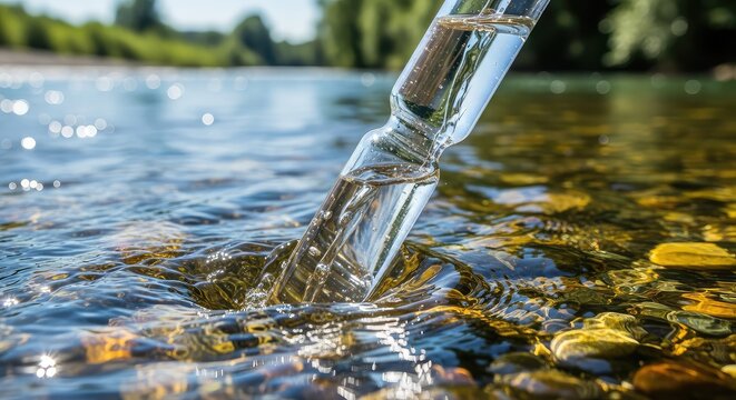 A clear glass collection vial being submerged into a flowing river for scientific analysis and environmental quality monitoring research, sustainability, research, monitoring