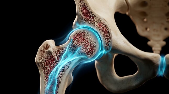 Human hip joint cross-section with detailed bone marrow structure and glowing blue energy highlighting the femoral head for orthopedic medicine and surgery concept.