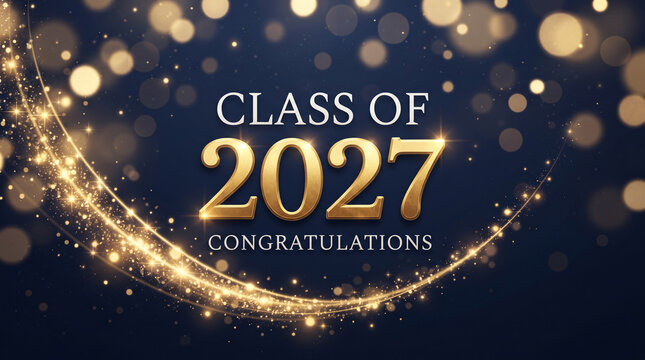 Class of 2027 graduation celebration background with golden numbers, sparkling confetti, and glowing lights on dark blue