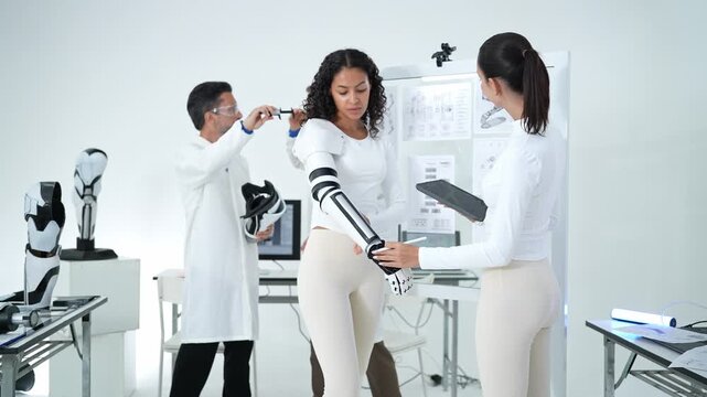 Research team evaluates advanced robotic prosthetics in a bright laboratory, focusing on technology development and innovation with determination and teamwork.
